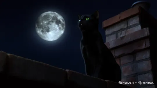 一只绿眼的玄猫在看着月亮 by Hailuo AI Video Generator