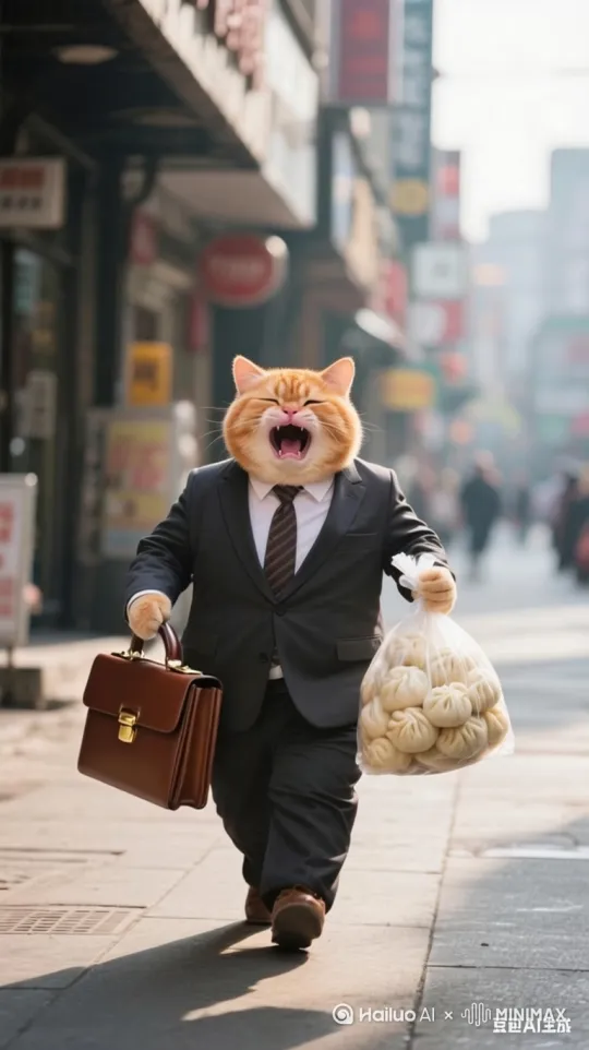 大胖橘猫上班要迟到了，他却跑得很慢，哭的很大声 by Hailuo AI Video Generator