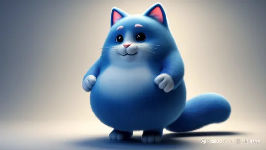 帮我生成图片：3D电影动画角色，一只蓝色的胖猫，耳朵内侧呈粉红色，有一个蓝色的尾巴。比例 1:1。 by Hailuo AI Video Generator