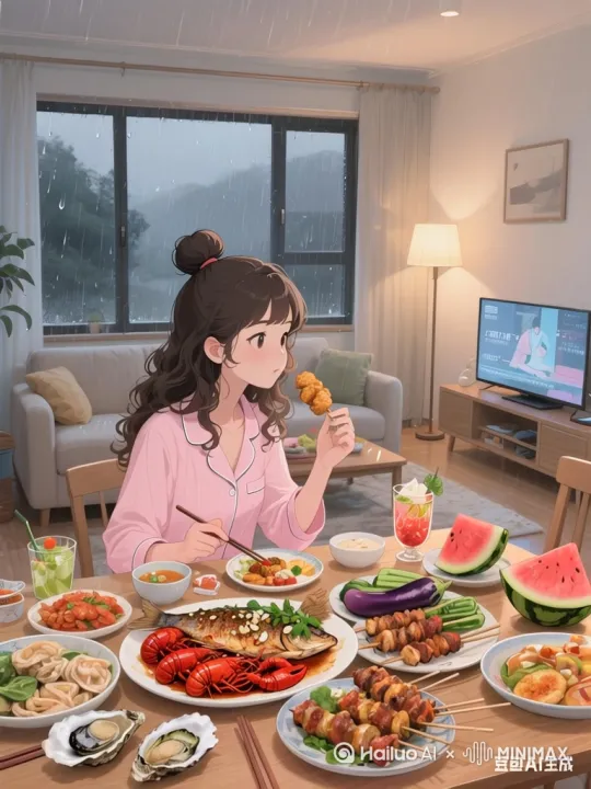帮我生成一个视频：女孩看电视，吃一口东西然后放下东西，再喝饮料，然后吃西瓜，动作自然不变扭。比例 3:4。 by Hailuo AI Video Generator
