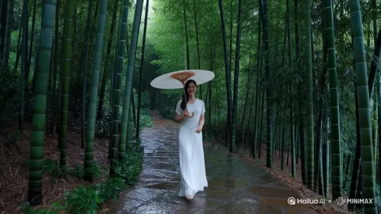 一个白衣裙的美女在雨天手拿油紙傘輕盈漫步在兩傍竹子林的小石階路向前走來，美麗靣容微笑可人 by Hailuo AI Video Generator