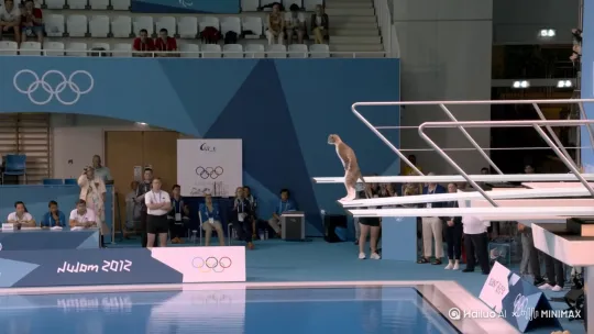 televised footage of a cat is doing an acrobatic dive into a swimming pool at the olympics, from a 10m high diving board, flips and spins by Hailuo AI Video Generator