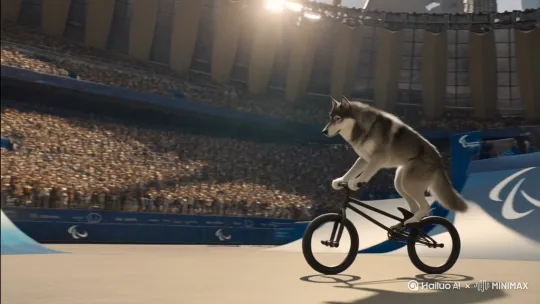 A wolf performs BMX tricks at the olympics by Hailuo AI Video Generator