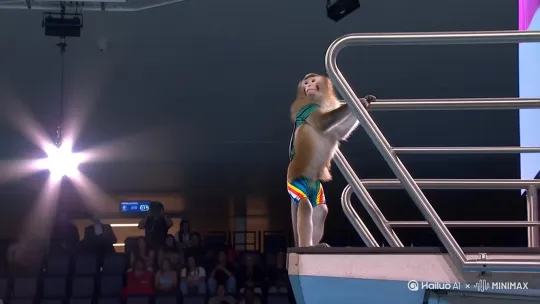 televised footage of a monkey in sports.wear from a 10m high diving platform,   is doing an acrobatic dive into a swimming pool at the olympics,  flips and spins,  camera following .9:16 by Hailuo AI Video Generator