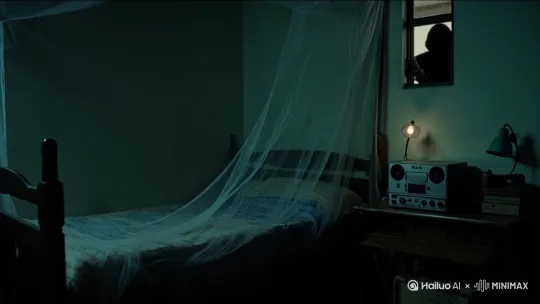 [左移,右摇,跟随]窗外隐隐约窗外隐隐约约有什么要进来？突然，镜头剧烈的晃动一下，给窗户一个大特写:一只黑色的手，啪的拍在了窗沿上， by Hailuo AI Video Generator