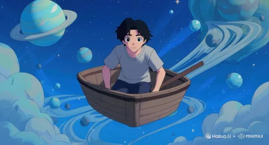 正面视角中，男主角坐在一个小船里并高速地翱翔于浩瀚的星际空间，他的身影被遥远星辰柔和缥缈的光芒所照亮。周围环境如同一幅令人惊叹的织锦，由形状各异的巨大行星组成，每颗行星都拥有独特的色彩、形状和纹理，从旋转的蓝绿色大理石到崎岖不平的岩石球体。繁星闪烁，如同钻石般散布在天鹅绒般的广阔天地间，大小不一的卫星则围绕着行星运行，投下长长的柔和阴影。密集而复杂的小行星带交织在宇宙景观中，其锯齿状的边缘在光线下翩翩起舞，令人着迷。整个场景以纯正的吉卜力风格呈现，充满奇妙和奇思妙想，色彩丰富，细节复杂而迷人，捕捉着宇宙的魔力与美丽。主人公的表情充满敬畏与宁静，他的头发和衣裳轻柔飘扬，仿佛被一股看不见的宇宙微风吹拂。背景中充满了星辰交响，每个星辰都营造出如梦似幻的氛围，整体构图唤起了一种无限冒险与探索的感觉。
镜头运动：跟随高速运动中的男主角，随后镜头[左移,上升]展现广阔的宇宙景象 by Hailuo AI Video Generator