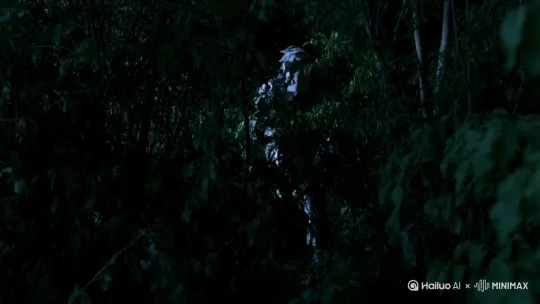 一个类人生物，具有人的基本特征，身上全部由一张张寻人启事构成身体部分，脸部是一张空白的寻人启事，正在慢慢变成某个人的样子。拍摄为先透过树丛拍到影子，然后被怪物贴脸，然后迅速拉远镜头拍摄全貌
风格要足够诡异，和恐怖。比例 1:1。 by Hailuo AI Video Generator