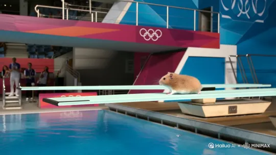 At the venue of the Olympic diving competition, replace the athletes with hamsters. The camera follows the hamster, showing it perform three and a half somersaults in the air plus a twisting dive into the water. by Hailuo AI Video Generator