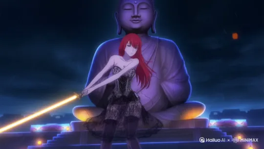 【暗夜红发蕾丝剑姬】  
1girl, blazing crimson hair, **gothic lace corset** with silver trim, thigh-high leather boots,  
**Action**:  
elegant sword flourish → [rapid thrust combo×3] → aerial cartwheel slash → landing pose,  
**Camera Choreography**:  
drunken handheld follow (0-2s) →  
dutch angle spin around waist (2-4s) →  
crane upshot slow-mo (4-6s),  
**VFX**:  
sword trails=glowing cherry petals, lace fluttering in wind force, rain droplets frozen in mid-air,  
# 蕾丝动力学模拟（复制到提示词末尾）
cloth_simulation = {
   lace: "translucent_layer_physics",
   wind: "sword_vortex_field",  # 剑风驱动飘动
   wet_effect: "rain_absorption=30%"  # 雨渍渐染特效
}
~[stiff_lace]~[clip_through]  # 规避僵硬/穿模
**Style**:  
在 [暴雨中的霓虹古寺]：  
`raining_neon_temple` + `cracked_stone_buddha` + `floating_paper_talismans`,  
色调：暗红蕾丝 × 靛蓝雨夜 × 金色剑光碰撞  
Devil May Cry Lady aesthetic, Ghost in the Shell cinematic, 4K HDR Sakuga by Hailuo AI Video Generator