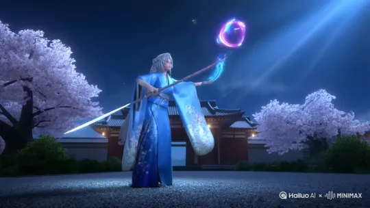Moonlit Shinto shrine courtyard, silver-haired maiden in blue kimono twirls naginata, blade trails azure particle swirls → Dynamic low angle: thrust creates mana shockwave rippling gravel → Spinning backflip evasion, floral sleeves billow in slow-mo → 360° bullet time: sweeping strike releases crescent energy wave → Final freeze frame: naginata poised with tip glowing, hair floats amidst sakura petals --style fate_ufotable --color #00bfff-#ff00ff --physics (particle_orbit:1.7)(fabric_flow:1.5) --ar 21:9 --v 6.0 --freeze 0.3s
--lighting volumetric_moonbeams --particle 5_level --texture silk_steel --motion samurai_flow
[原提示词] --768p --no face_detail --simplify_particles --focus weapon_trails by Hailuo AI Video Generator