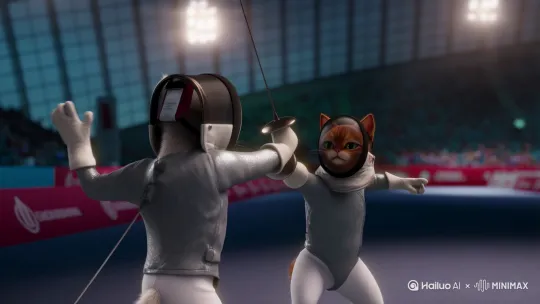 Photorealistic Olympic fencing scene:
Two anthropomorphic domestic shorthair cats duel on a championship piste. A white-furred cat lunges forward, muscle tension visible beneath its fur, foil extended toward its opponent-a ginger tabby cat parrying with precise wrist rotation. Metal clashing sparks illuminate sweat-dampened fur on their faces. Both wear regulation fencing uniforms: form-fitting lame jackets, mesh masks with transparent visors revealing focused feline eyes, and gloves gripping pistol grips. by Hailuo AI Video Generator