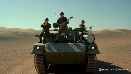 一个苏军士兵站在BMP步战车上用吉他演奏摇滚乐，身旁还有号手和鼓手和他保持同样的节奏，场景是阿富汗的沙漠[下降,上摇] by Hailuo AI Video Generator