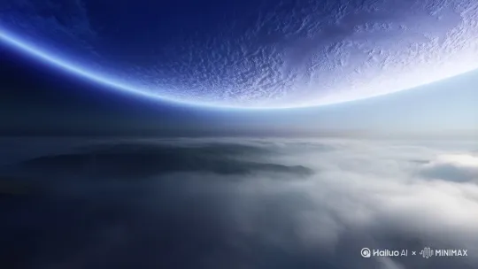 Extreme long shot. Elevated shot + panning shot. In the early morning light, a blue-purple halo appears on the edge of the Earth's arc. The camera slowly rises, revealing the outline of a valley shrouded in mist. Final frame: Extreme long shot, mist in the valley meets the horizon. by Hailuo AI Video Generator