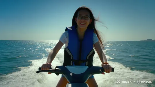 我是一个中国女孩，长头发，戴眼镜，我去青岛海边体验开水上摩托艇，我开得飞快，非常开心 by Hailuo AI Video Generator