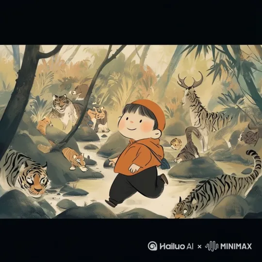 小孩蹦蹦跳跳，老虎都抬头、转头看着这个小孩 by Hailuo AI Video Generator