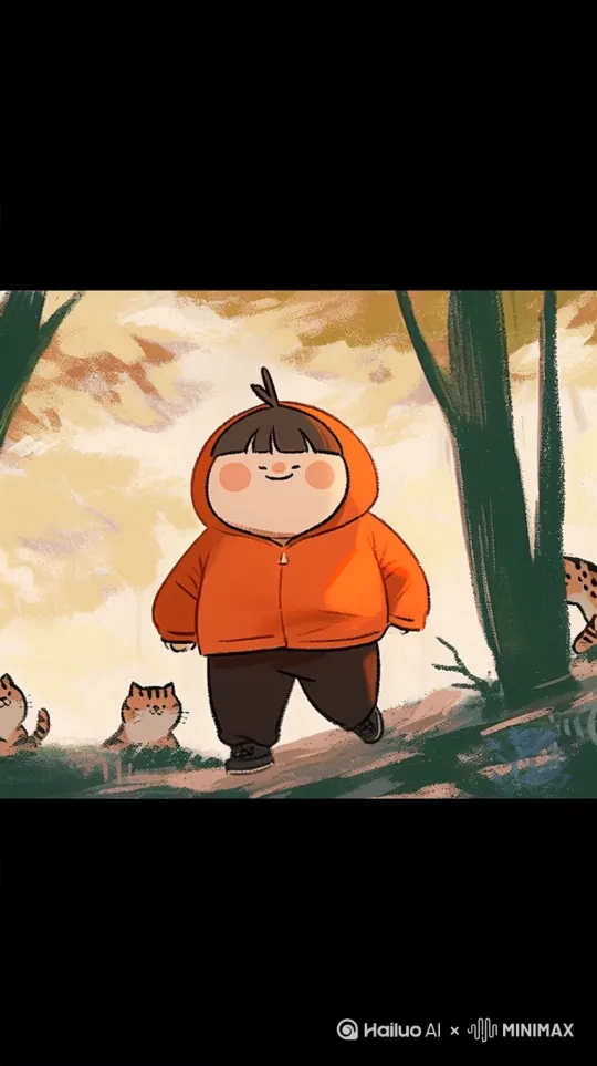 小孩开心的向前走，身后的小老虎探出头来看着这个小孩 by Hailuo AI Video Generator