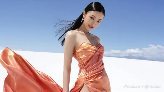 分镜1：图中的女模特在走cat walk，她的橙色裙子在她走路的步伐中被风吹荡起来非常酷，她不断与镜头进行挑逗性的交互。画面从这位女模特的侧边方向慢慢调整至这位女模特的正向，女模特在走路，而画面则跟随她移动。 by Hailuo AI Video Generator