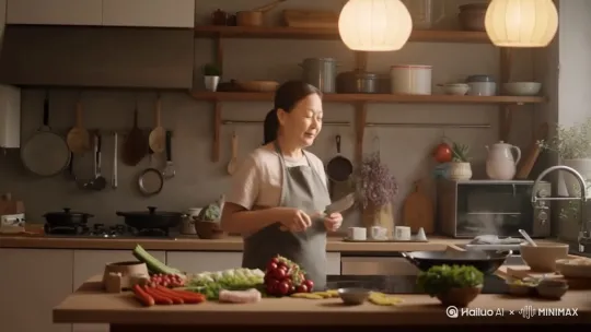 生成一个中国中年妇女身穿休闲服在厨房做饭的视频，要高写真，动作流畅逼真，有生活气习[右摇,变焦推进] by Hailuo AI Video Generator