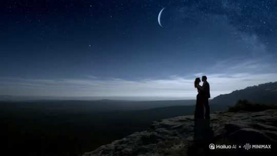 星空，山顶。森林。月牙。白云情侣相拥 by Hailuo AI Video Generator