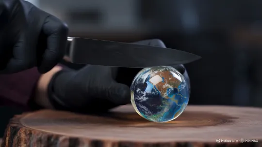 A pair of hands wearing minimalist black gloves captured the scene of a knife rapidly cutting a piece of Earth on a wooden chopping board through a 4K hyper-realistic close-up shot. The blade slices repeatedly. With each slice cut, the earth slice falls down along with it, and at the same time, the blade moves to the next position. The interior of this "Earth" is also made of glass, and the sound effect presents an ASMR style. by Hailuo AI Video Generator