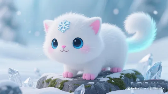 小猫小猫在里面跳来跳去 天空的雪花飘舞 小猫打滚 很可爱 露出微笑的表情 超高清镜头 一直锁定小猫的动作与表情 by Hailuo AI Video Generator