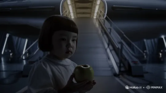 一个三岁小女孩手拿苹果登上宇宙星舰 by Hailuo AI Video Generator