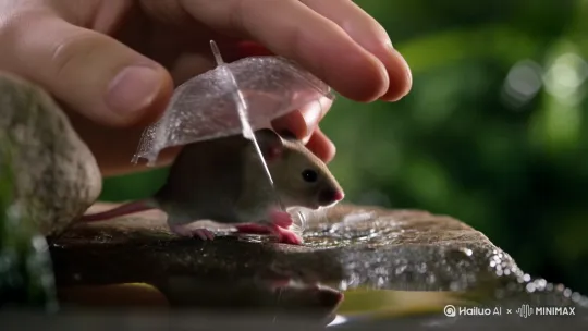 Clip 1: The Gentle Handoff (温柔的交接)
English Prompt:
Extreme close-up. A person's hand gently holds a miniature transparent umbrella, covered in glistening raindrops, over a tiny, adorable field mouse. The mouse stands on a wet stone surface, looking up with curiosity and reaching its small paws towards the umbrella handle. The scene is tender and caring. Cinematic, macro photography, shallow depth of field, high detail, photorealistic, 4K, heartwarming, soft natural light, lush green bokeh background.
Clip 2: The First Steps (独自前行)
English Prompt:
Low angle shot. The tiny field mouse now holds the miniature umbrella by itself. It takes a few tentative steps forward on the wet, reflective ground, creating small ripples in a puddle. The mouse looks directly at the camera with a determined yet cute expression as it gets accustomed to holding the umbrella. Cinematic, macro photography, shallow depth of field, high detail, photorealistic, 4K, heartwarming, soft natural light, lush green bokeh background.
Clip 3: The Confident Journey (自信的旅程)
English Prompt:
Low angle tracking shot, slow motion. The adorable field mouse walks confidently towards the camera, holding its umbrella high like a pro. The camera follows its movement smoothly, capturing the details of its tiny feet splashing in the water. The overall feeling is triumphant and incredibly cute. Cinematic, macro photography, shallow depth of field, high detail, photorealistic, 4K, heartwarming, soft natural light, lush green bokeh background. by Hailuo AI Video Generator