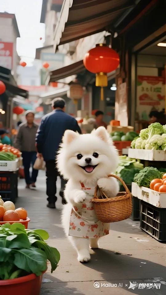 1. 一只穿着可爱小围裙、挎着菜篮的博美犬，活力满满地在熙熙攘攘的菜市场里东张西望，寻找花菜摊位，眼神中透着好奇与期待，周围摆满各种新鲜蔬菜，人群往来穿梭。 by Hailuo AI Video Generator