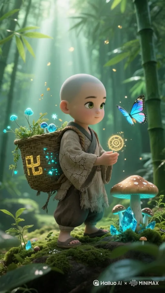 小和小和尚拿棒棒糖问小蝴蝶 你要不要吃 小蝴蝶围绕着棒棒糖飞来飞去 飞来飞去 阳光照射下来 阳光明媚 蝴蝶飞舞 昨夜被微风吹得哗哗作响 镜头慢慢的移动到小和尚前方给小和尚一个特 特近固定镜头 by Hailuo AI Video Generator