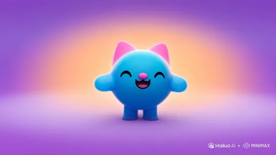 1.  主题：一只卡通风格的蓝色猫。
2.  颜色：主体为鲜艳的蓝色，带有粉色的耳朵和鼻子。
3.  表情：面带微笑，眼睛大而圆，显得非常友好和愉快。
4.  姿势：站立，双手高举，似乎在欢呼或庆祝。
5.  背景：背景为柔和的紫色和橙色渐变，营造出梦幻和温暖的氛围。
6.  风格：卡通风格，线条简洁，色彩鲜明，整体形象圆润可爱。 by Hailuo AI Video Generator