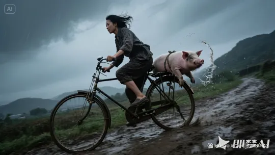 雨姐骑车冲下陡坡，母猪被颠得飞出，精准落入远处泥坑，雨姐挥手：“免费空投，管饱！”注意镜头只允许出现一头猪 by Hailuo AI Video Generator