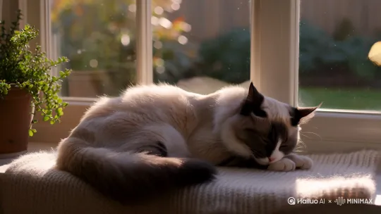主题：一只可爱的家猫在充满阳光的室内窗台上玩耍。
主体：
*   猫咪品种：重点色布偶猫（蓝眼睛，奶油色身体，深褐色面部、耳朵、尾巴和爪子）。
*   年龄：成年猫，体型匀称，毛发蓬松柔软，细节清晰可见（能看到单根毛发纹理）。
*   状态：放松但好奇，心情愉快。

动作序列 (连贯流畅，符合猫咪自然行为)：
1.  起始帧：猫咪舒适地蜷卧在铺着柔软米白色针织毯子的宽大窗台上，阳光透过干净的玻璃窗洒在它身上，形成温暖的光斑。它半眯着蓝宝石般的眼睛，尾巴尖轻轻摆动。
2.  过渡：一只小蝴蝶（黄白色翅膀，带黑色斑点）从窗外飞过，吸引了猫咪的注意。它的耳朵警觉地竖起并转向蝴蝶方向，头部微微抬起。
3.  主要动作：猫咪被蝴蝶完全吸引，缓缓站起身，伸了个长长的懒腰（弓起背部，伸展前爪和后腿，爪子张开）。然后它踮着脚尖，小心翼翼地靠近窗玻璃，尾巴高高竖起，尾尖轻微卷曲抖动。
4.  高潮/趣味点：猫咪将前爪轻轻搭在玻璃上，鼻子贴近玻璃，试图追踪窗外的蝴蝶。蝴蝶在窗外轻盈地上下飞舞。猫咪的头和眼睛随着蝴蝶的轨迹左右、上下转动，表现出专注的好奇心。可以加入一个可爱的歪头动作。
5.  结束帧：蝴蝶飞走，猫咪失去兴趣，慢慢放松下来。它可能低头舔舐几下自己胸前蓬松的毛发，或者优雅地转身，重新在毯子上找一个舒适的姿势卧下，目光慵懒地望向室内。

环境与氛围：
*   场景：明亮、温馨、现代的室内窗台。窗外是模糊的、充满阳光的绿色花园虚化背景（浅景深效果）。
*   光线：自然、温暖、柔和的午后阳光。主光源来自窗外，在猫咪毛发边缘形成漂亮的轮廓光（逆光/侧逆光效果），室内有柔和的补光，避免阴影过重。光斑在窗台和猫咪身上清晰可见。
*   氛围：宁静、舒适、治愈、充满生活气息。强调猫咪的优雅、好奇和慵懒特质。

视觉风格：
*   风格：高度写实，接近顶级单反相机拍摄的4K自然纪录片或高端宠物摄影。细节丰富、逼真。
*   色彩：温暖、柔和的色调为主（米白、浅木色、阳光的金黄色）。突出猫咪奶油色毛发和蓝眼睛的清澈。整体色彩饱和度高但不过分艳丽，自然舒适。
*   画面质感：清晰、锐利（尤其猫咪毛发和眼睛），背景适当虚化以突出主体。有真实的胶片颗粒感（轻微）。

技术细节 (可选但强烈推荐)：
*   分辨率：4K (3840x2160)
*   帧率：24 fps 或 30 fps (电影感或流畅感)
*   镜头语言：
    *   起始：中景 (Medium Shot)，展示猫咪和环境。
    *   **镜头运动：** 非常轻微、平滑的推近镜头 (Dolly In)，在猫咪起身追踪蝴蝶时，焦点始终在猫咪眼睛上。动作完成后，可以轻微拉远 (Dolly Out) 或保持固定镜头。
    *   视角：略低于猫咪的平视视角或轻微仰视，增强猫咪的存在感。
    *   景深：浅景深，猫咪主体锐利清晰，窗台近处和远处背景（室内和室外）柔和虚化。
*   时长：约 8-12 秒 (足够展现完整动作序列)。

额外要求：
*   动态模糊：在猫咪快速转头或蝴蝶飞舞时，加入轻微、自然的动态模糊效果。
*   毛发与光影：必须精确渲染阳光穿透猫咪蓬松毛发（尤其是耳朵边缘和背部）的透光效果和光晕。
*   眼睛细节：猫咪眼睛必须清澈、湿润、有神，能清晰反射窗外的光线或环境光，虹膜纹理细腻。
*   物理模拟：动作必须符合猫咪的解剖结构和运动力学，流畅自然，无抽搐或扭曲。尾巴和耳朵的细微动作要逼真。
*   无文字/水印：纯净画面。 by Hailuo AI Video Generator