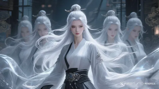 图中的女子 手握长剑做图中的女子做了一个手握剑的提手势，再来一个，挽了一个剑花，收剑，屹立而战。然后，身后的虚影重合重合重合为一人 镜头一直跟着女子的移动而移动正面照一直镜头一直跟随着 by Hailuo AI Video Generator