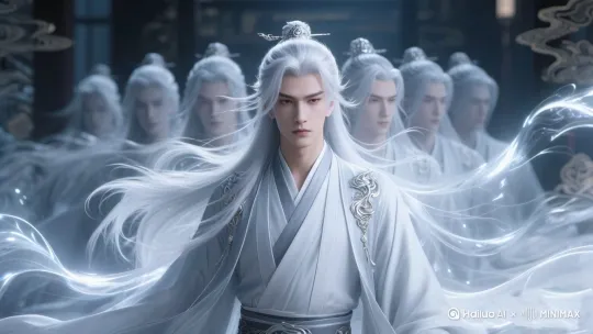 图图中的男子，做了一个手握剑的提手势，再来一个，挽了一个剑花，收剑，后面虚影跟前面动作一摸一样屹立而战。然后，身后的虚影消散不见 镜头跟着篮子的移动而移动 镜头一直跟随着 by Hailuo AI Video Generator