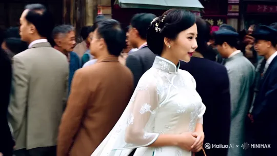 穿着月白色绣云纹旗袍的性感女人从人群中走来，另外一个西装革履的男人从身边擦肩而过，两人相互对视彼此一眼[右移,左摇,跟随] by Hailuo AI Video Generator