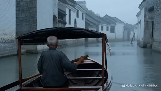一位背对着镜头的老船家驾驶着乌篷小船，在一个古香古色的类似中国乌镇的小河中行驶,下着绵绵细雨. by Hailuo AI Video Generator
