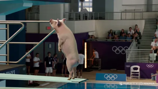 televised footage of 「a pig」 is doing an acrobatic dive into a swimming pool at the olympics, from a 10m high diving board, flips and spins by Hailuo AI Video Generator