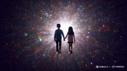 一个个五颜六色的微小的大大小小密接的发光点，一个男孩一个女孩牵着手走在高速旋转的时空里，无限禅意走进反射光柔和光线世界。每一个微小的波点，都像是夜空中最亮的星，照亮了的探索宇宙之路，光影的交织，星汉的灿烂。 by Hailuo AI Video Generator