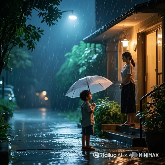镜头左移，跟进。夏天深夜雷雨天，小男孩打着雨伞焦急等着晚归的妈妈，看见妈妈出现，表情从焦急转为欢喜 by Hailuo AI Video Generator
