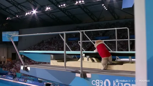 Olympic diving finals slow-motion, Chinese Shar-Pei dog in red swimsuit, climbing 10m platform, skin rolls flopping during triple somersault, perfectly vertical entry with giant splash, professional arena lighting, crowd cheering, 4K ultra-detailed fur texture, cinematic fisheye lens, trending on Douyin[左移,右摇,跟随] by Hailuo AI Video Generator