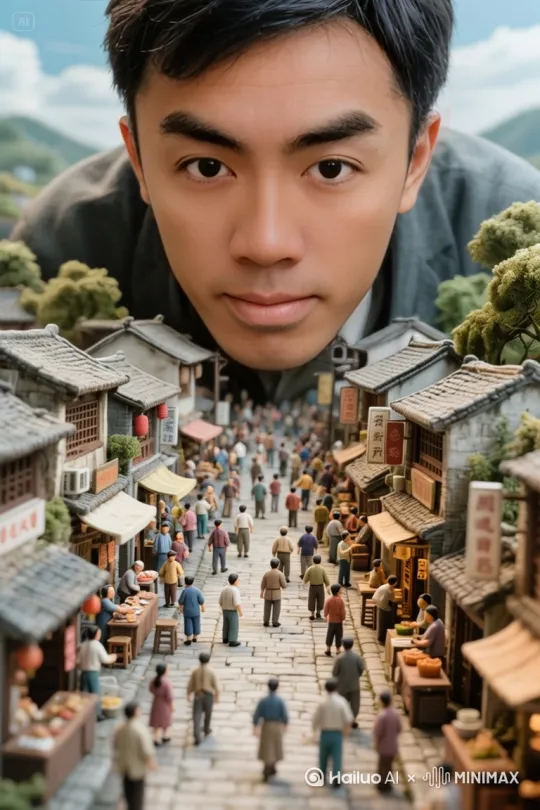 参考图中的中国男人，占画面的2/3。[推进,变焦推进][下降]巨大的头低头看到一个小人国村庄。他睁大眼睛，惊奇的看着眼前这一幕。熙熙攘攘，繁华的街道，人来人往在街道两旁做生意。最后巨人大力吹气，把街道上的小人全部吹倒。吹气的同时，[下降,变焦拉远]在缩微道路中间拉镜头远离巨人。中间出现拉镜头时候的动态模糊。
微缩景观。电影级别光影，电影级别画质。 by Hailuo AI Video Generator