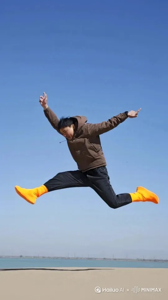 人物动作静止，悬浮在半空，镜头[右移,左摇,跟随]大幅度环绕人物运动， by Hailuo AI Video Generator