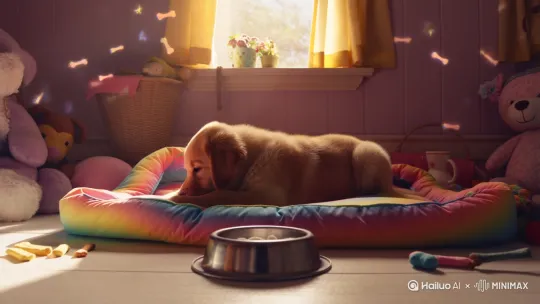 :
🐾 萌宠治愈系列《Puppy's Morning Routine》 提示词:"一只金毛幼犬睡在彩虹色狗窝里,阳光透过窗户洒进来。小狗伸懒腰打哈欠(特写粉嫩肉垫),摇摇晃晃走向食盆,突然被自己影子吓到跳起来,最后开心啃磨牙棒,周围漂浮卡通骨头和星星,马卡龙色滤镜,4K高清" by Hailuo AI Video Generator