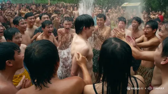 泼水节上，清秀男孩阿亮正玩得尽兴。突然一群人朝他泼水，冰凉水流浇下后，神奇的事发生了！他原本单薄的身体瞬间暴起肌肉，手臂、背脊线条硬朗，让众人惊讶不已。泼水过程又有运镜围绕着拍。 by Hailuo AI Video Generator