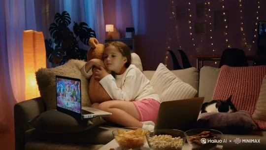 A girl in pajamas (pink shorts and oversized shirt) lying on a sofa, surrounded by snack bowls (chips, popcorn, chocolate cookies), a laptop playing a movie (light from screen reflecting on her face), multiple fluffy pillows, a small cat curled up next to her, warm orange light from a floor lamp, cozy living room with fairy lights on the wall, relaxed weekend vibe, 8k illustration,laptop screen showing colorful animated movie, eyes reflecting screen content with changing emotions, screen glow creating blue light on face, dynamic light changes matching movie scene transitions
variety of throw pillows: fuzzy, velvet, knitted, multiple pillows arranged in casual comfort, arm wrapped around large bear-shaped pillow, pillows slightly compressed under weigh by Hailuo AI Video Generator