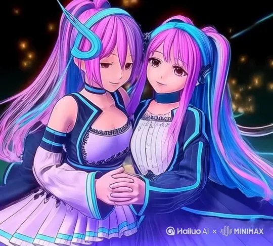 0.5秒镜头瞬间快速[拉远]到看见少女的全身镜头，左边白衣服少女穿的黑色长袜蓝色荧光jk鞋，右边蓝衣服少女穿的白色长袜蓝色荧光高跟鞋，[固定镜头]然后2个少女一起用双手组成[变焦推进]一个爱心看向镜头 by Hailuo AI Video Generator