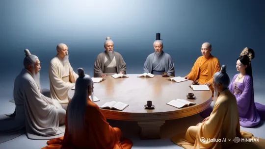 想象在我头脑中的圆桌会议，有老子庄子孔子孟子王阳明释家摩尼，还有紫薇老人 by Hailuo AI Video Generator