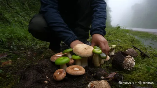 一一个人在云南大山里，早晨雾气朦胧中捡了很多菌子，青头菌，干巴菌，牛肝菌，还发现了鸟窝，鸟蛋，路边的水沟里还有鱼儿清晰的游过 by Hailuo AI Video Generator