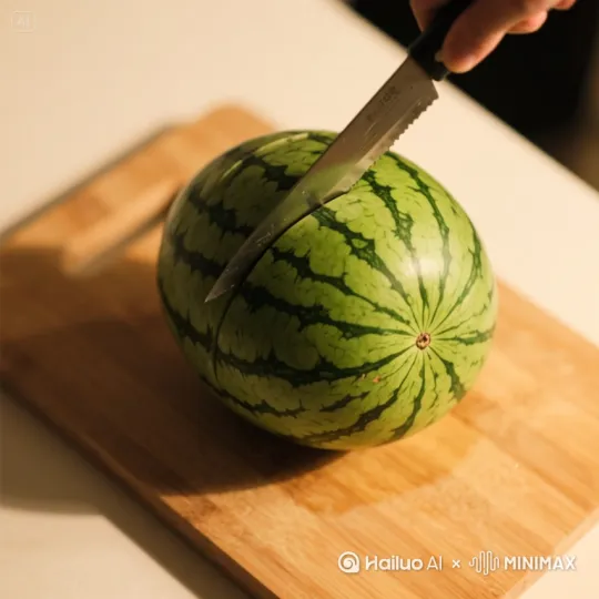 小刀迅猛落下，干净利落地将西瓜一分为二！西瓜被切开的瞬间，一条鲜活的、扑腾着的金鱼（或小锦鲤）赫然从红瓤中蹦跳出来，落在案板上！ by Hailuo AI Video Generator