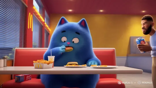 一个胖胖的蓝猫人，在吃麦当劳，然后科比朝他喷牛奶 by Hailuo AI Video Generator